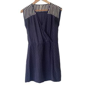 Macys Petticoat Alley 100% Silk Blue Cream Dot and Stripe Day Dress • Size XS